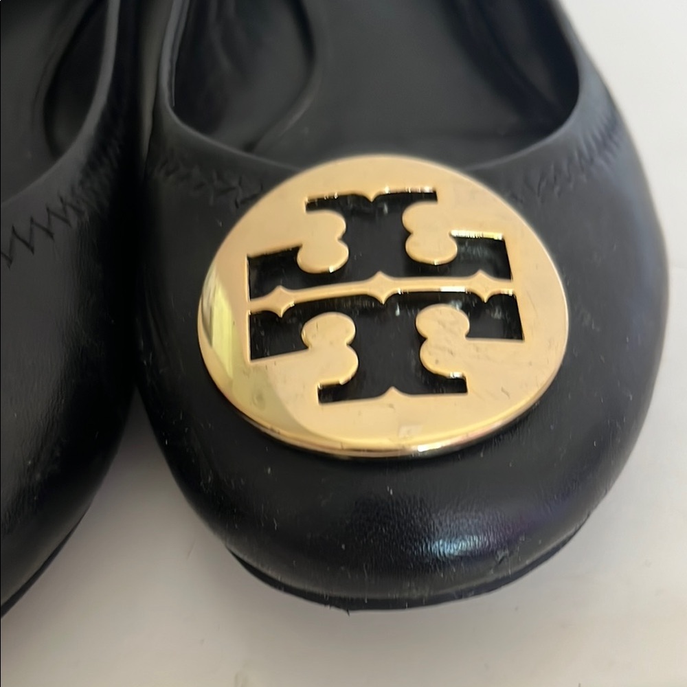 Tory Burch Black Leather Ballet Flats with Gold Logo Medallions - Picture 2 of 8